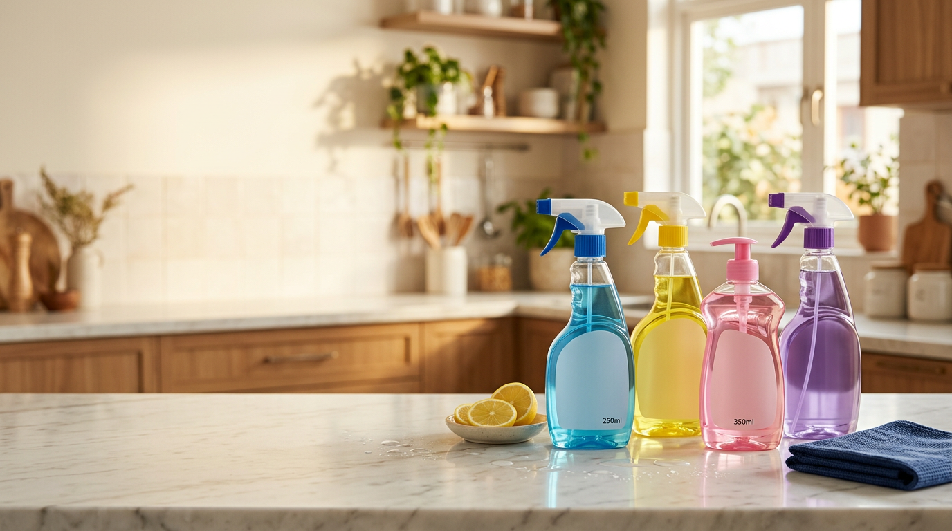 Bright clean home with blue cleaning bottle and folded towels